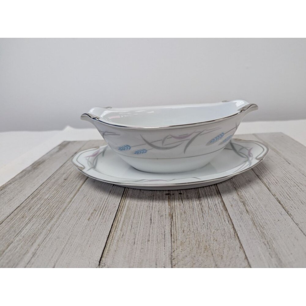 Vintage Valmont Royal Wheat Platinum Trim Gravy Boat Bowl Attached Underplate